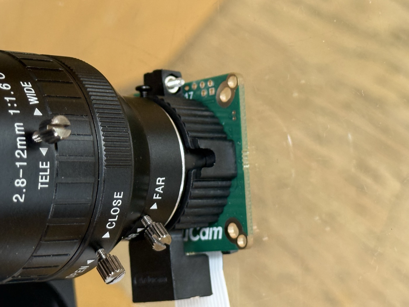 Close-up of the adjustable varifocal lens with zoom, focus, and aperture rings